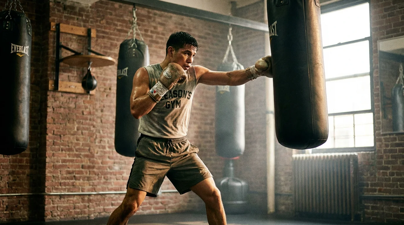 Boxer beim Training am Sandsack – Kämpfer analysieren für Boxwetten Strategie