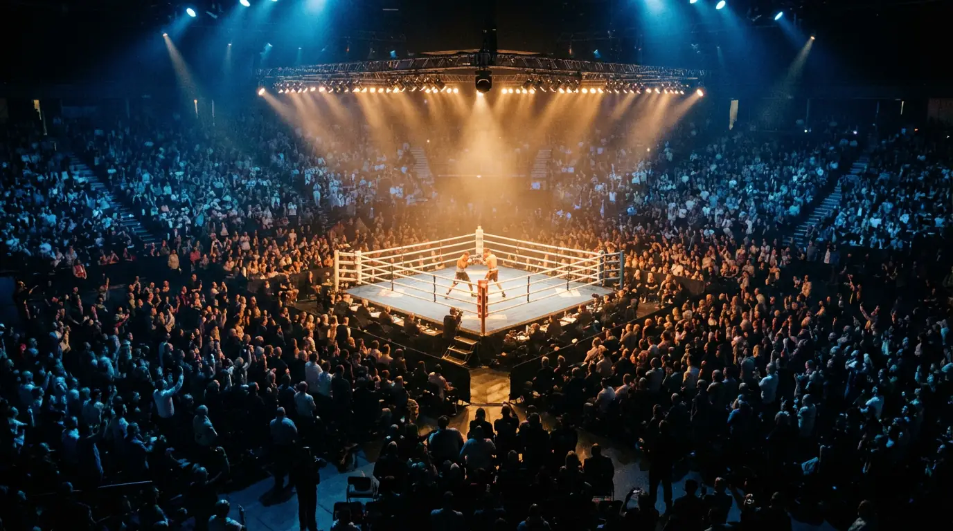 Volle Arena bei einem Boxkampf am Abend – Live Wetten beim Boxen