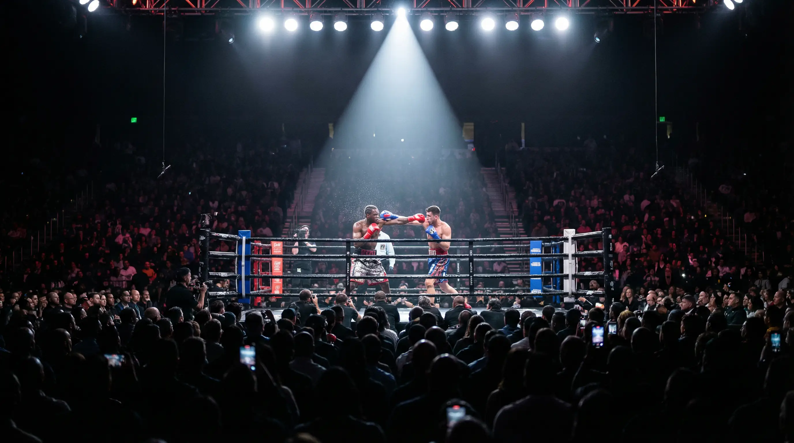 Boxkampf in einer Arena mit dramatischer Beleuchtung und Publikum