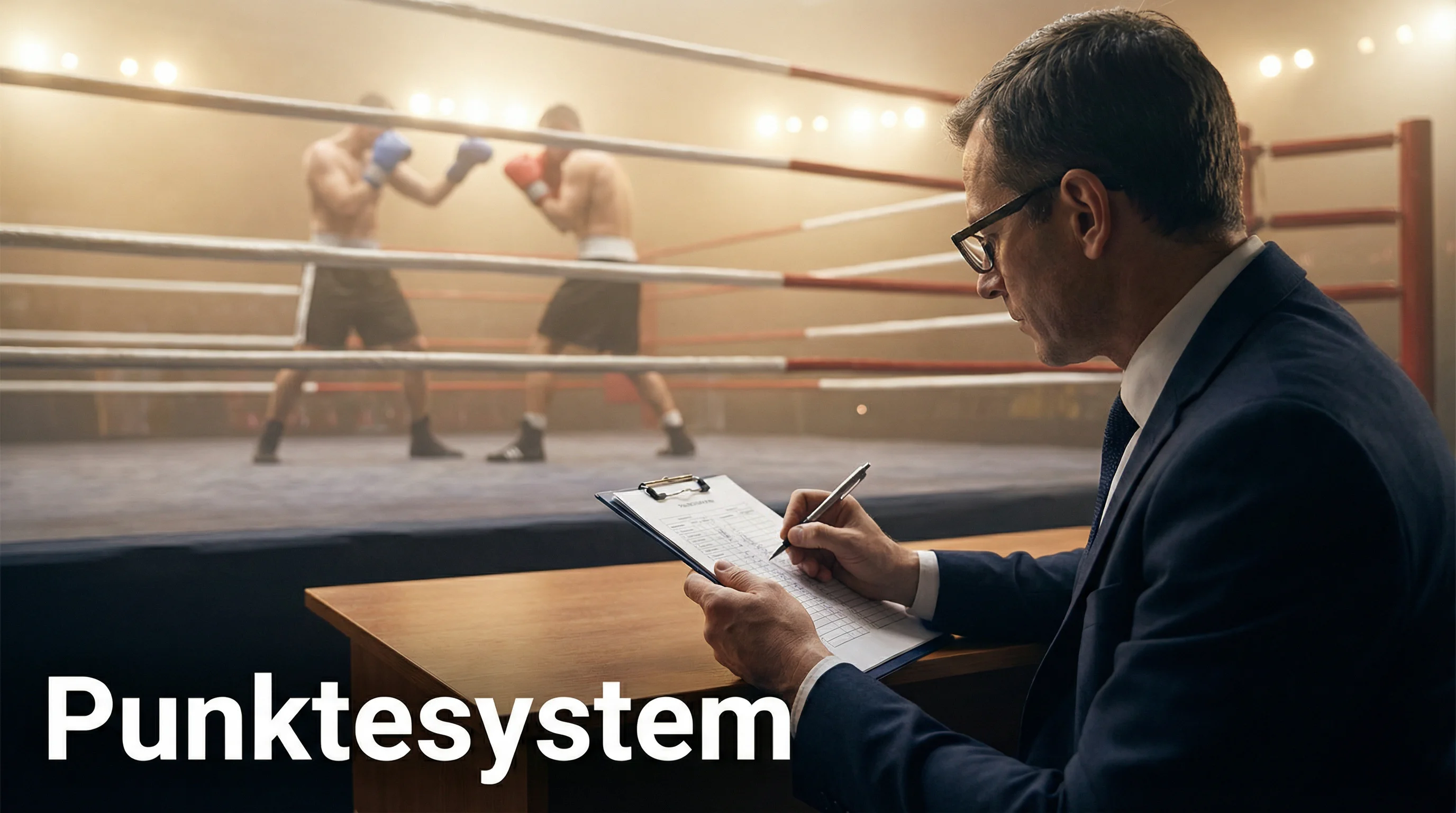 Punktrichter am Ringrand bewertet einen Boxkampf mit Scorecard