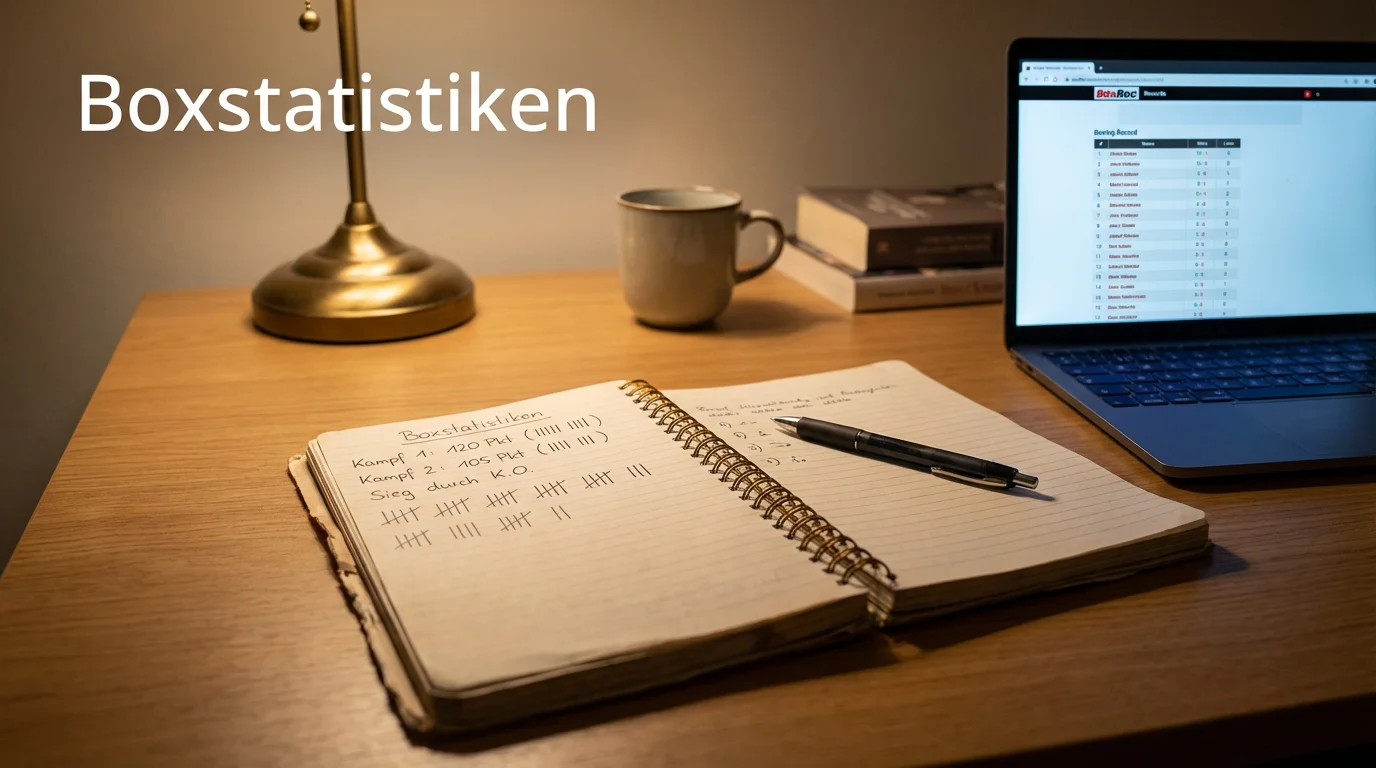 Aufgeschlagenes Notizbuch mit Boxkampf-Statistiken und Laptop