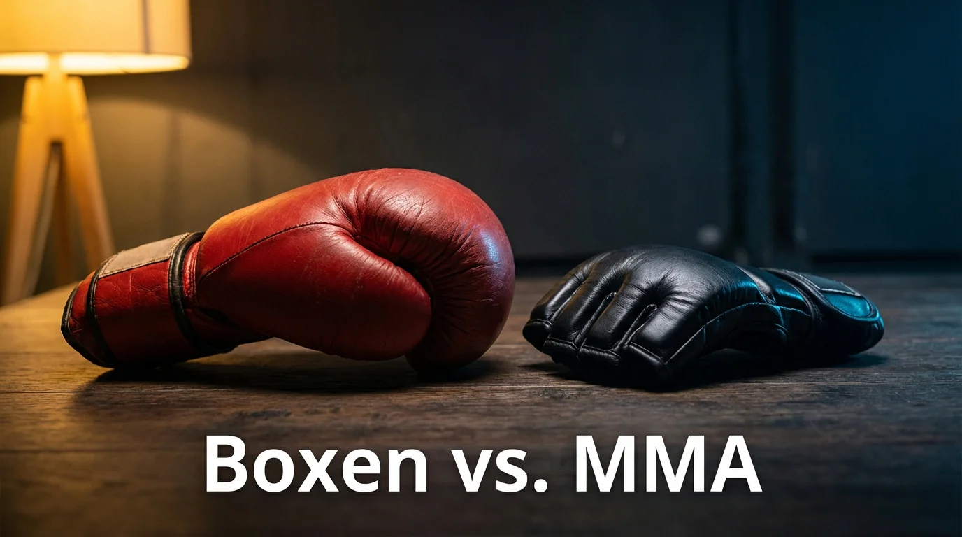 Boxhandschuh und MMA-Handschuh nebeneinander auf einer Oberfläche