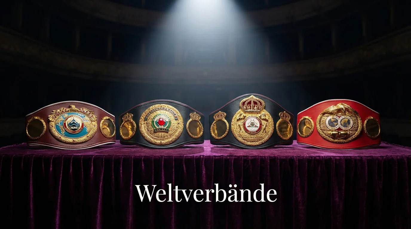 Vier Weltmeistergürtel der großen Boxverbände nebeneinander