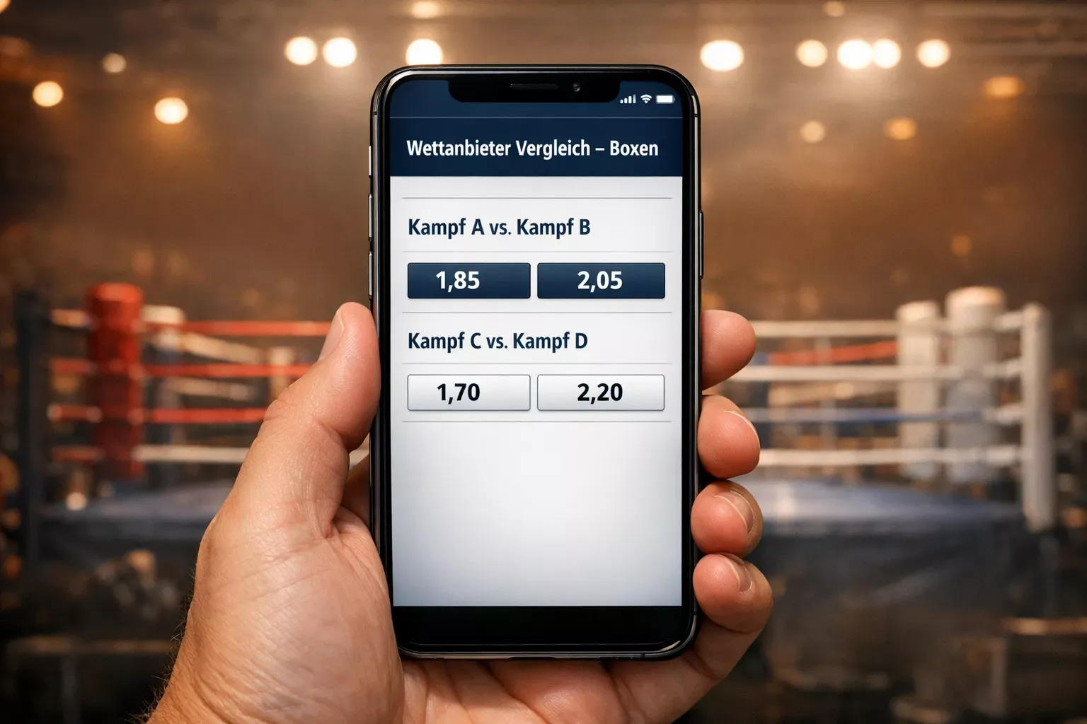 Smartphone mit Sportwetten-App vor einem Boxring im Hintergrund