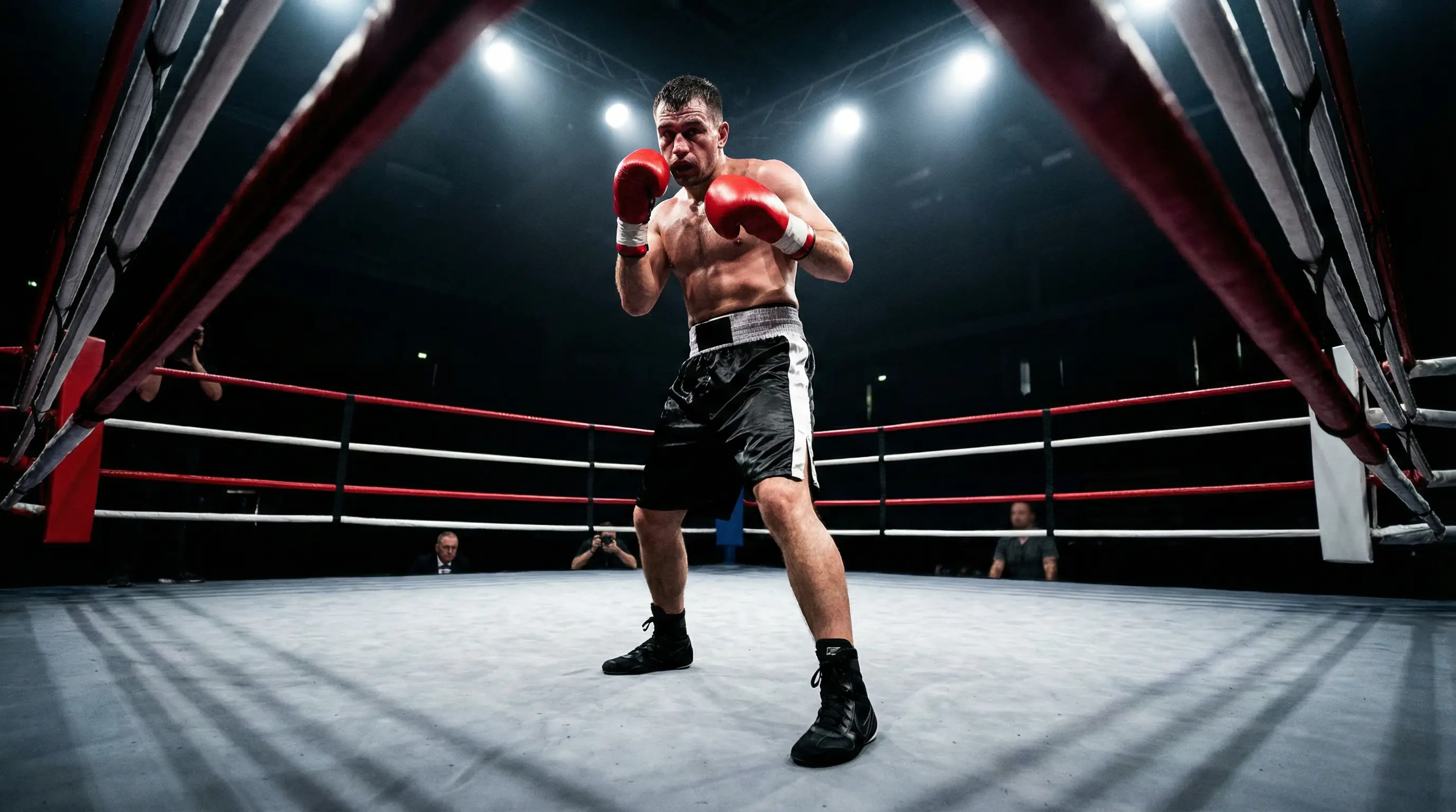 Boxer in Kampfstellung im Ring unter Scheinwerferlicht