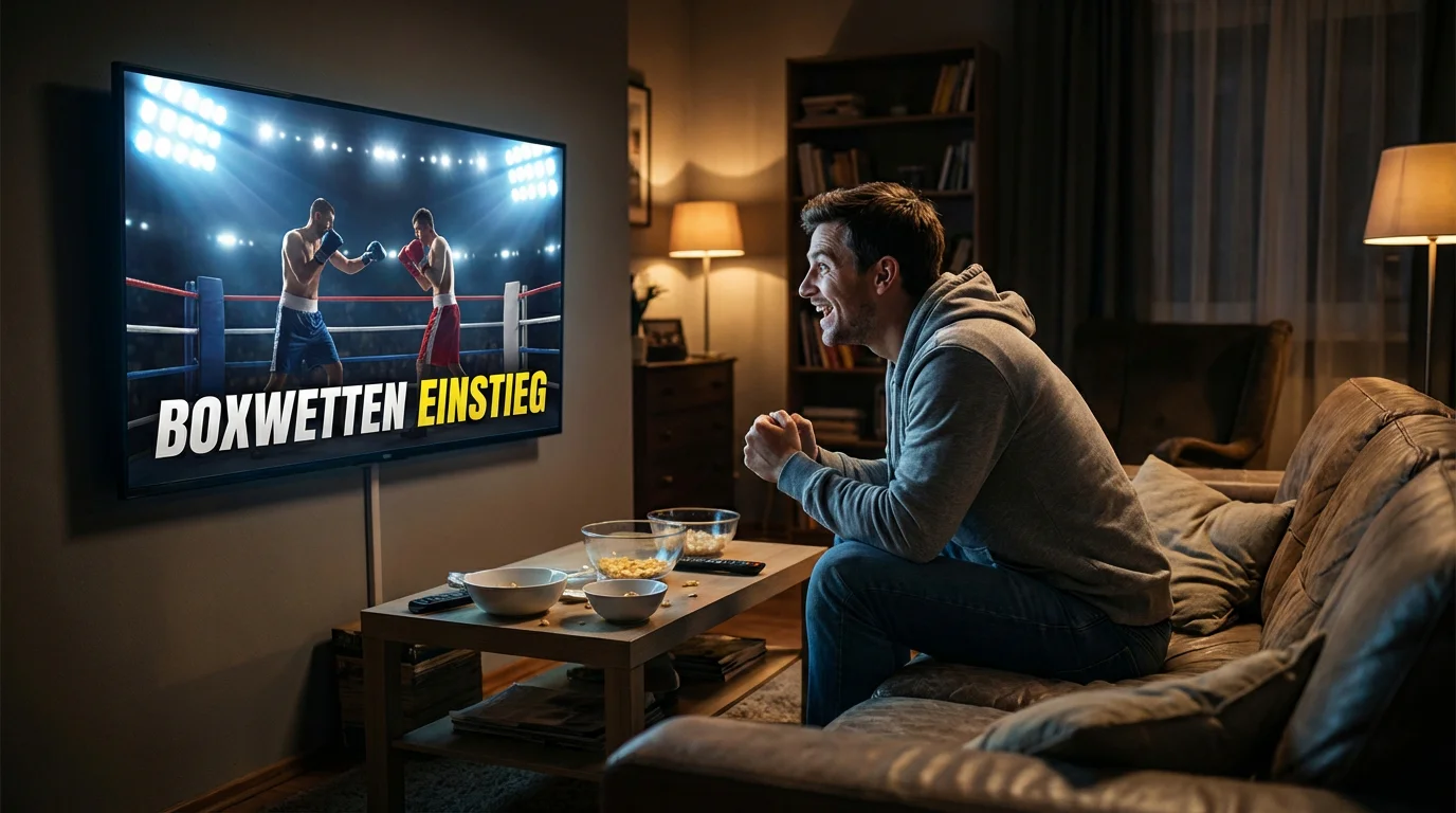 Junger Sportfan verfolgt einen Boxkampf aufmerksam am Bildschirm