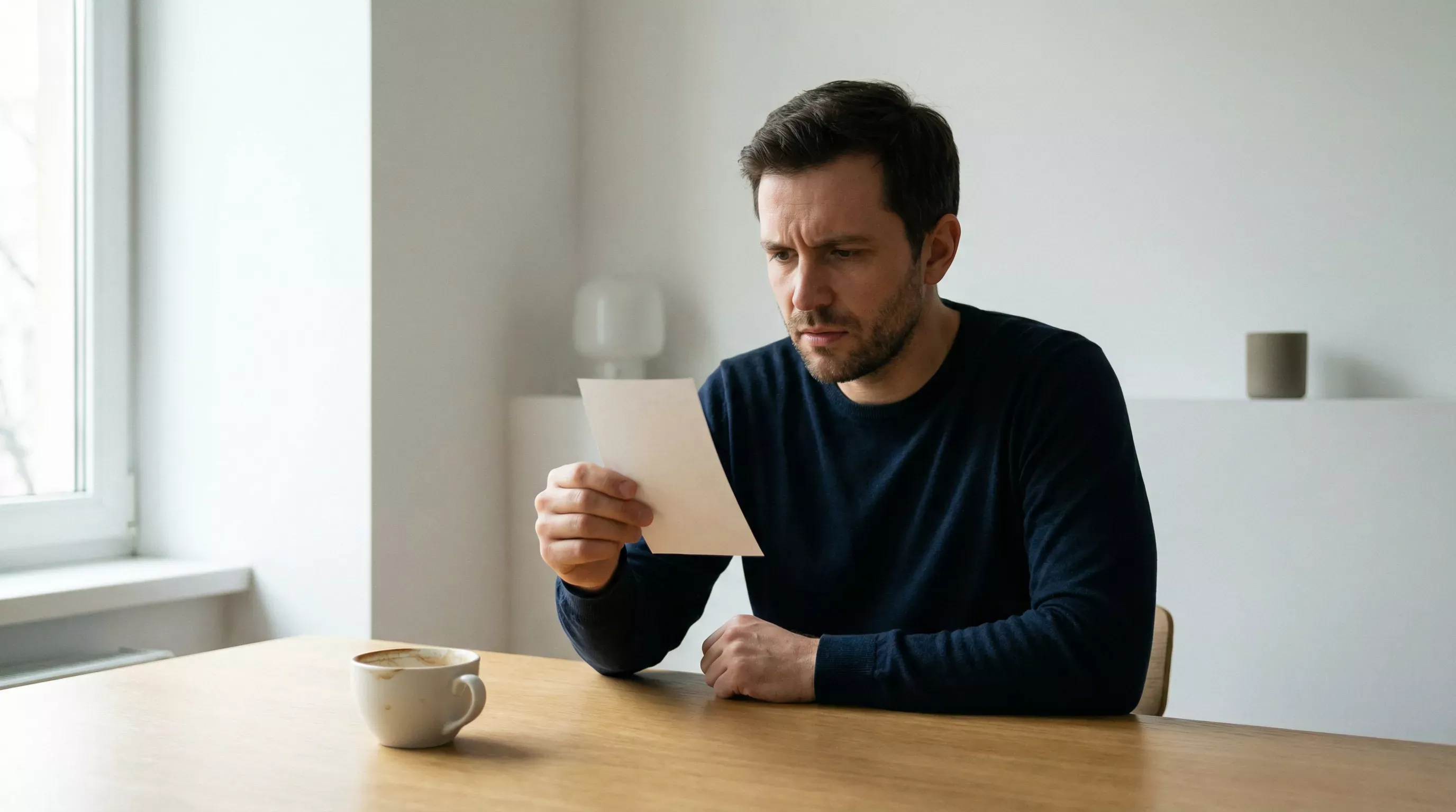 Nachdenklicher Sportfan betrachtet einen Wettschein kritisch