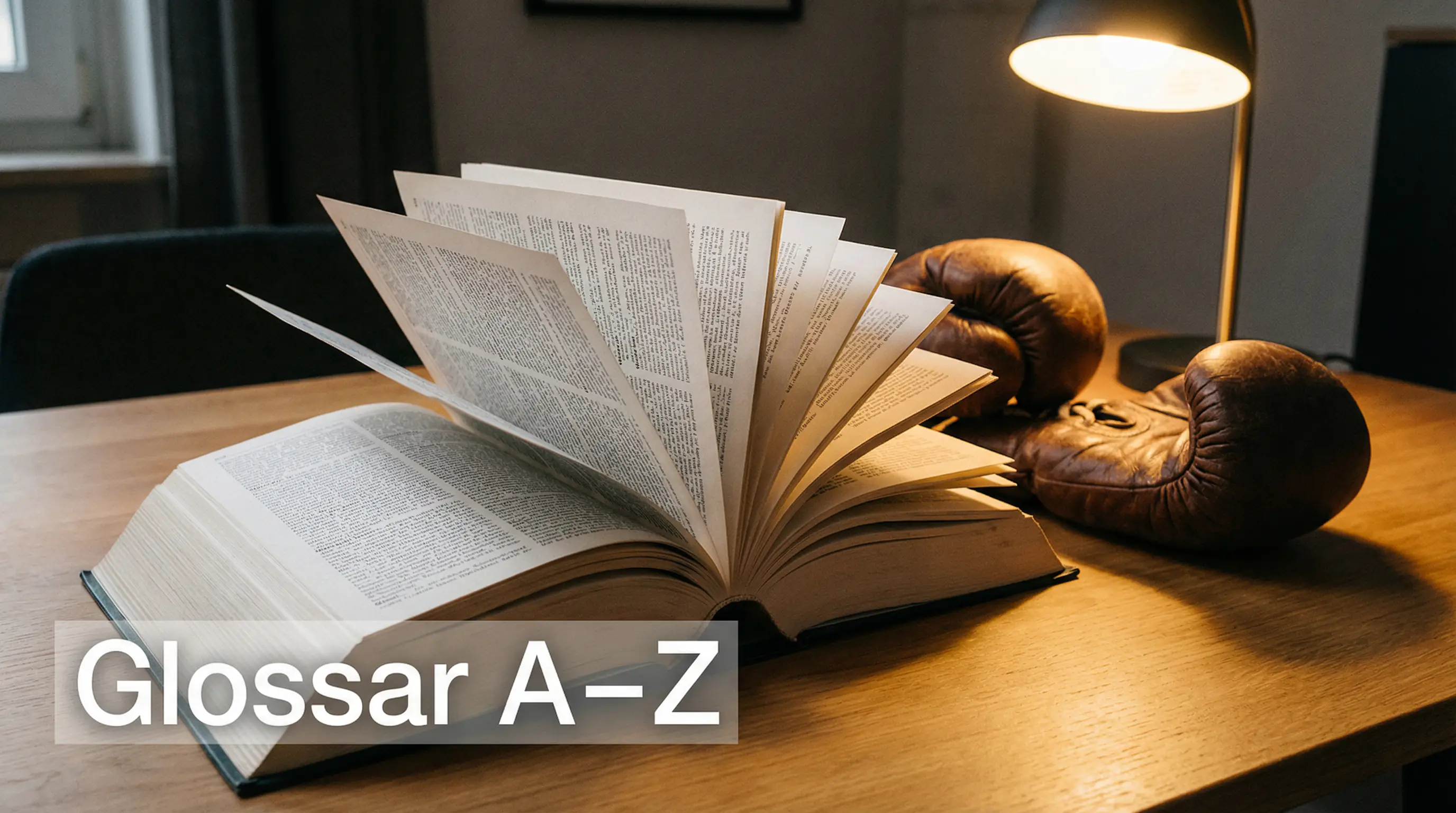 Aufgeschlagenes Wörterbuch mit Boxhandschuhen daneben auf einem Tisch
