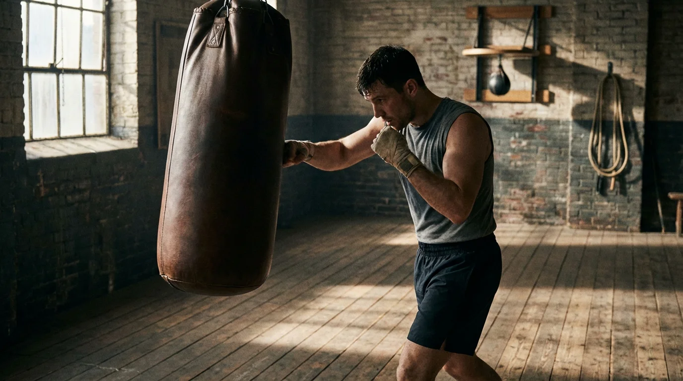 Boxer beim konzentrierten Training am Sandsack in einem Boxstudio