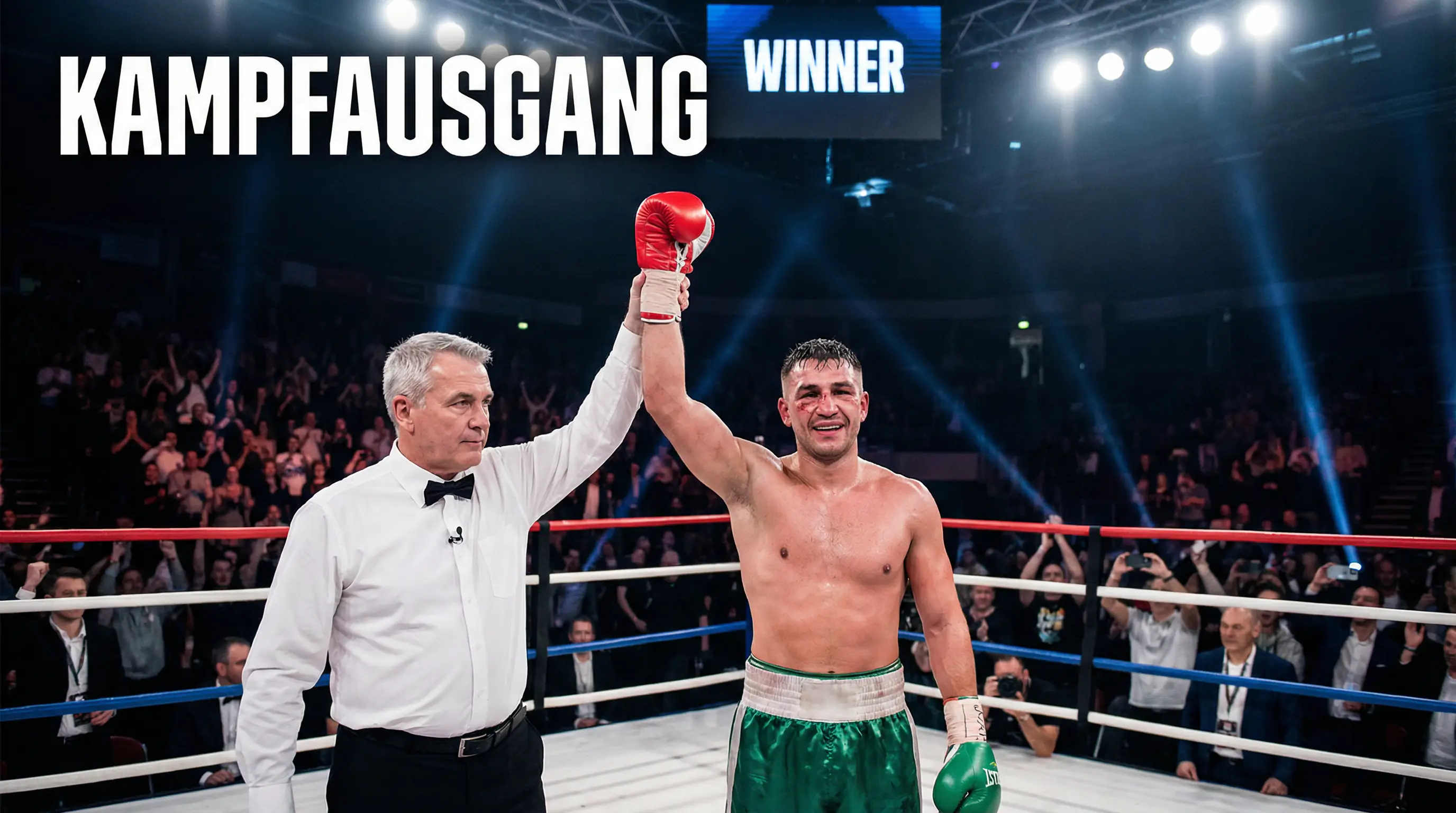 Ringrichter hebt die Hand des Siegers nach einem Boxkampf