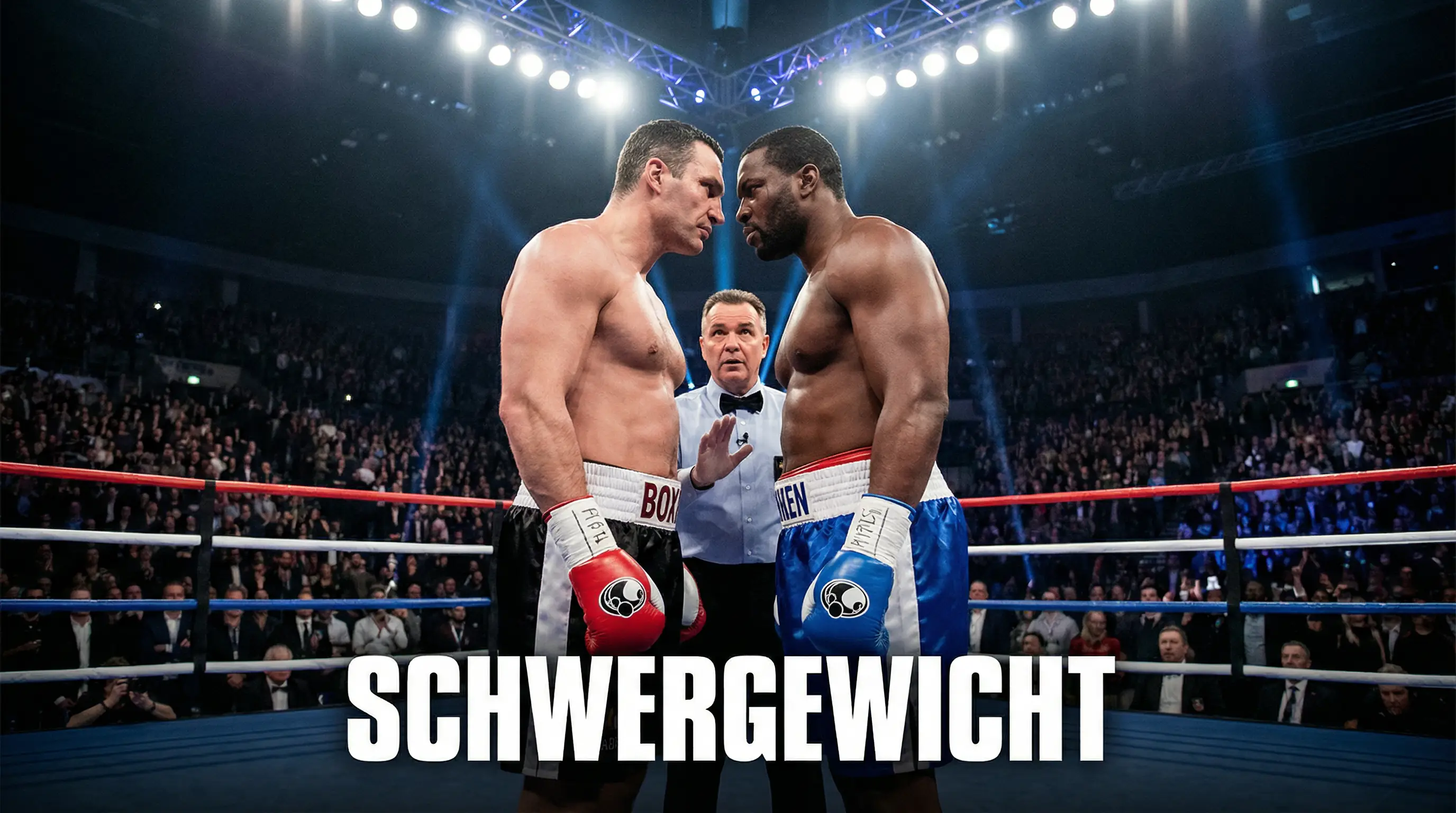Zwei Schwergewichtsboxer stehen sich im Ring gegenüber