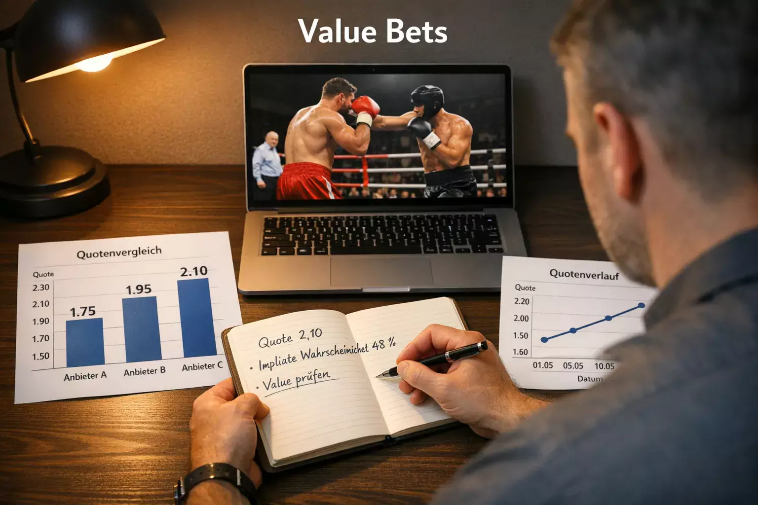 Person analysiert Boxkampf-Daten an einem Schreibtisch mit Notizen